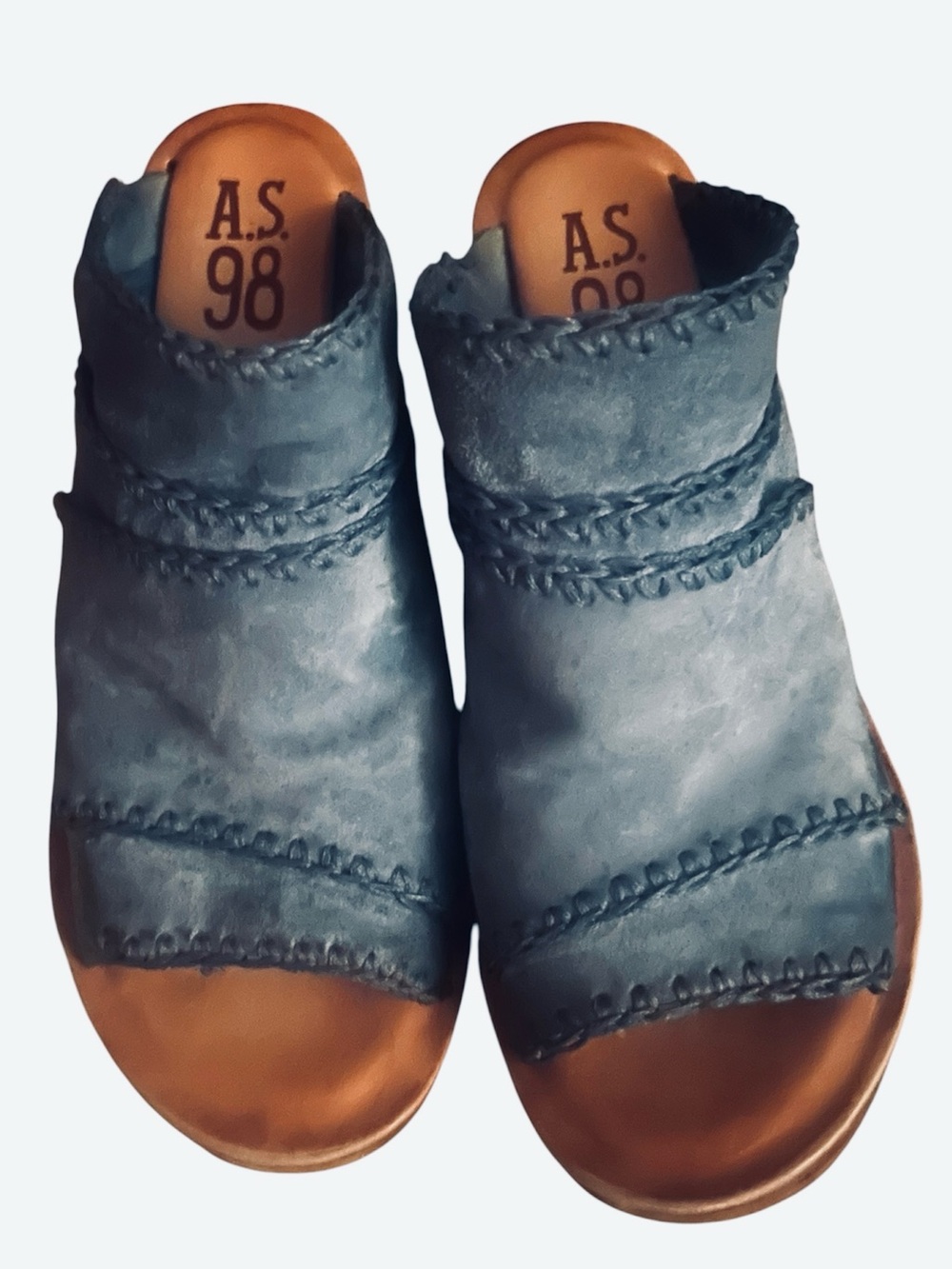 A.S.98 Women's Slate Blue Suede & Leather Open-Toe Mules